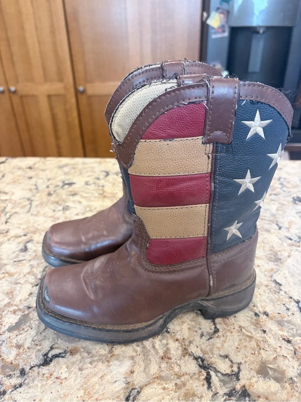 Durango Kids Brown Boots with Red, Cream & Blue Flag Design